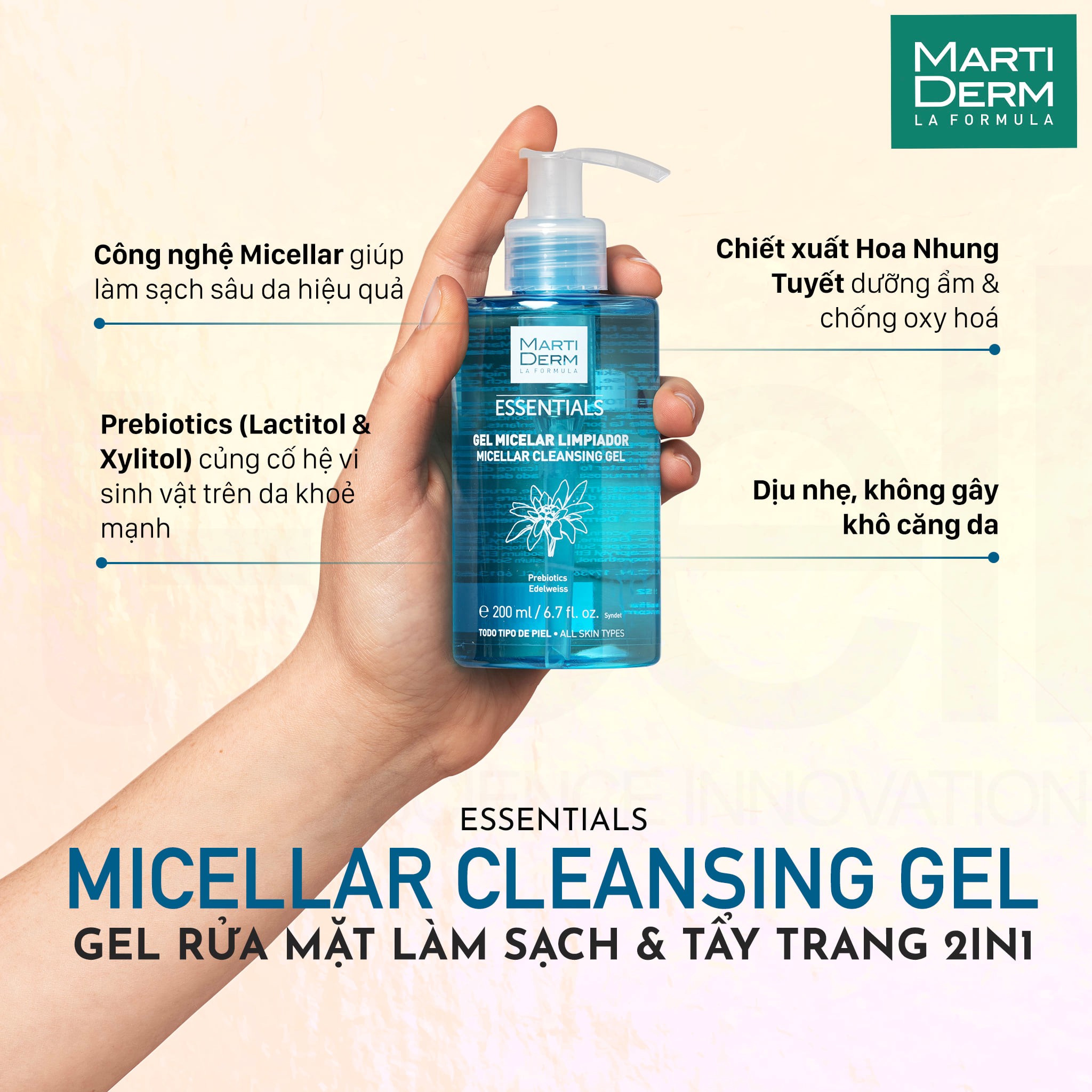 Gel rửa mặt làm sạch và tẩy trang Martiderm Essentials Micellar Cleansing Gel
