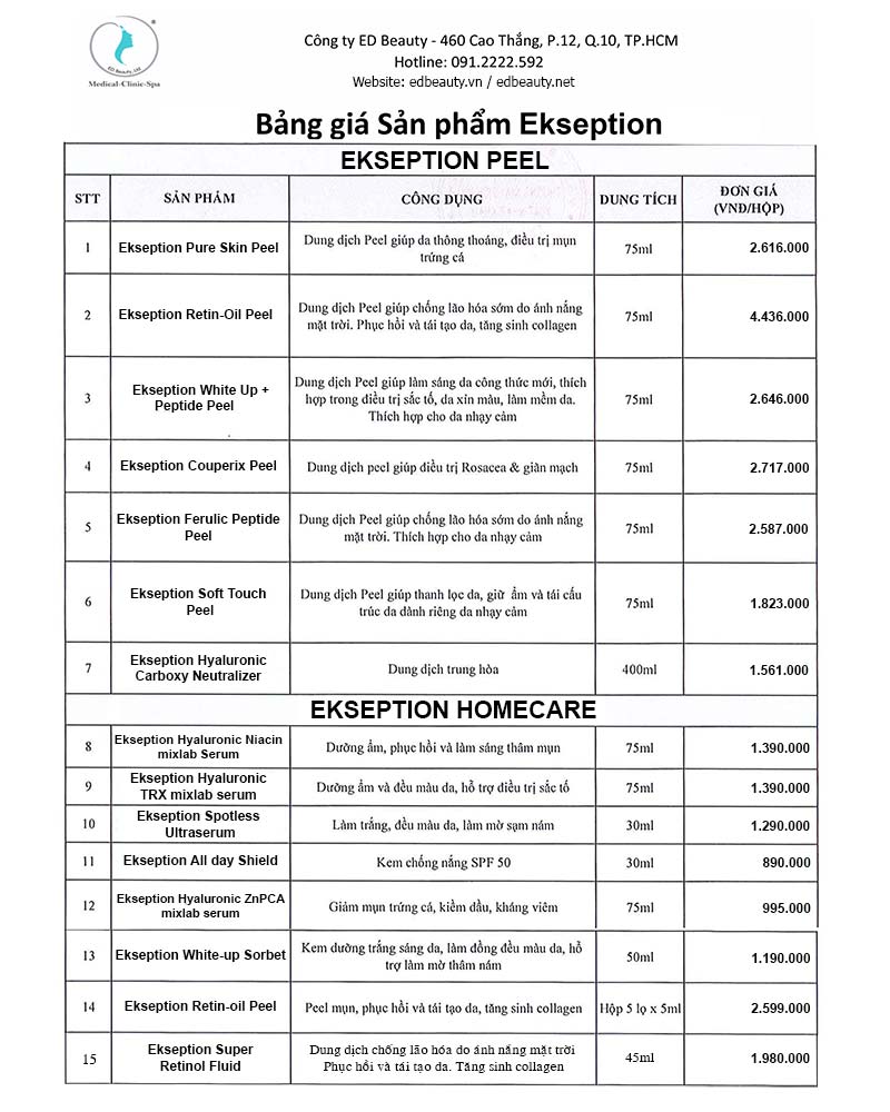 BẢNG GIÁ BÁN LẺ SẢN PHẨM EKSEPTION MỚI NHẤT