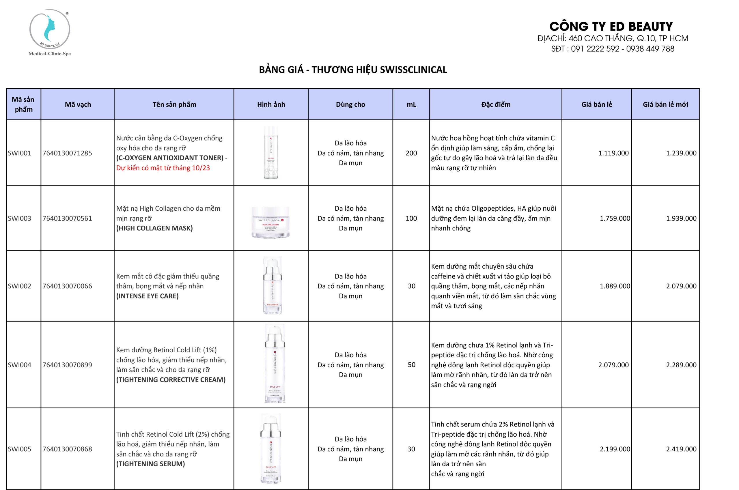 Địa chỉ mua mỹ phẩm chăm sóc da Swissclinical chính hãng, uy tín Bảng giá mỹ phẩm Swissclinical