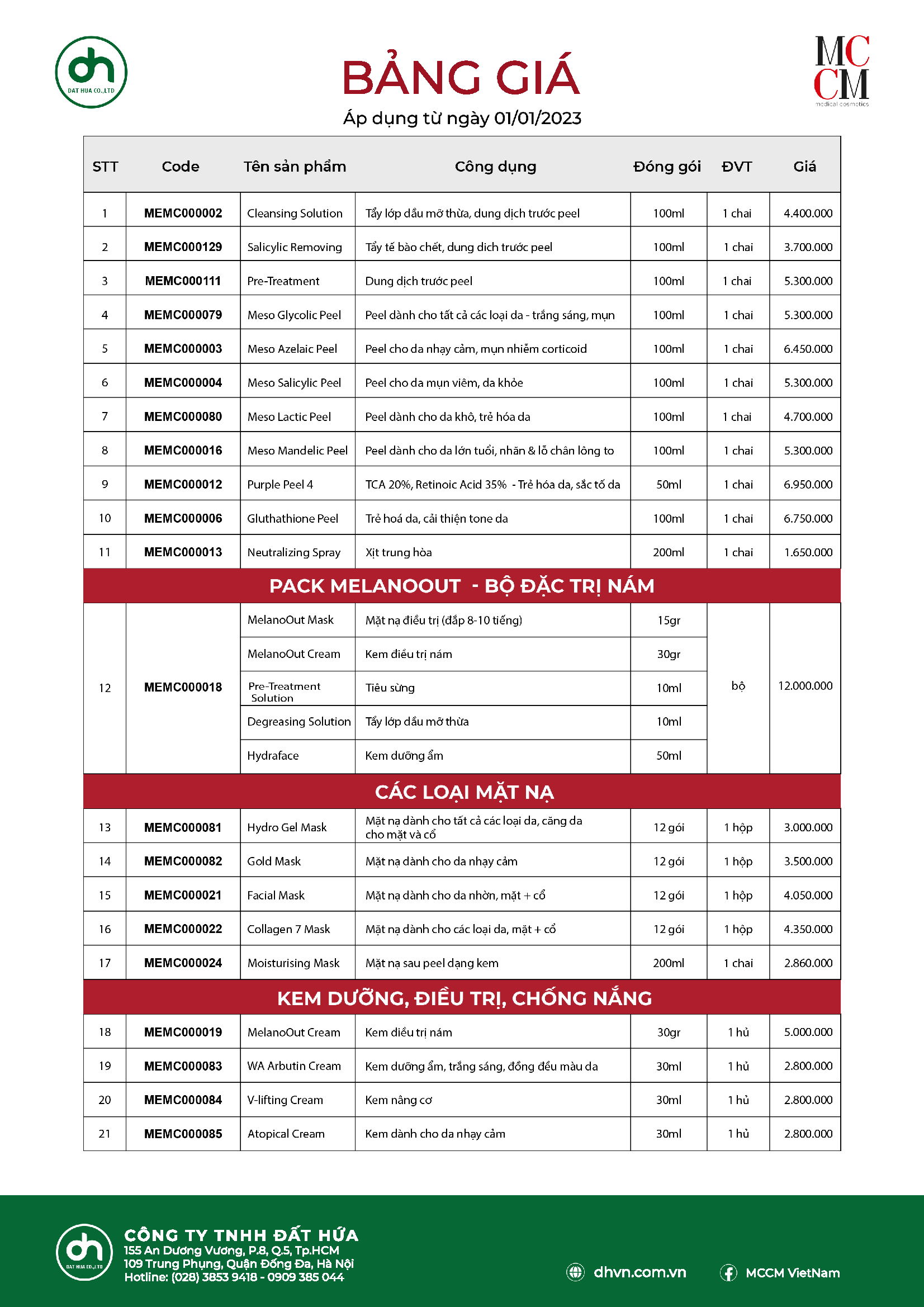 Bảng giá dược mỹ phẩm MCCM 2023